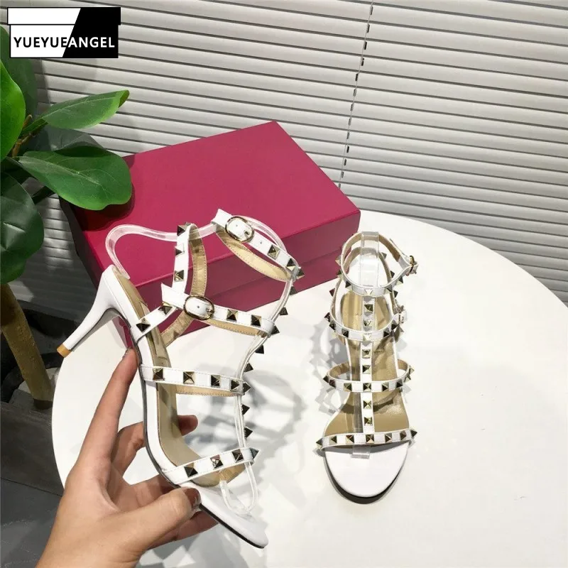 

Genuine Leather Womens Sandals Thin Heels Rome Sandals Rivet Ankle Straps High Heels Pumps Top Quality Summer Shoes Plus Size 41