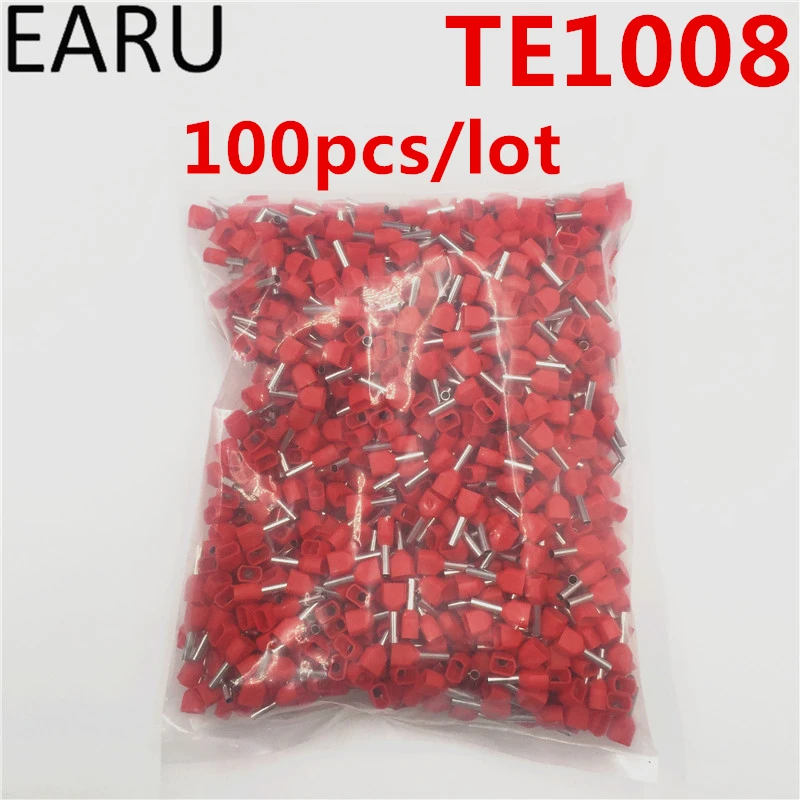 

100PCS E Tube TE1008 Type Double Pipe Insulated Twin Cord Cold-press Terminal Block Connector Needle End Multicolor 2X1.0 mm2