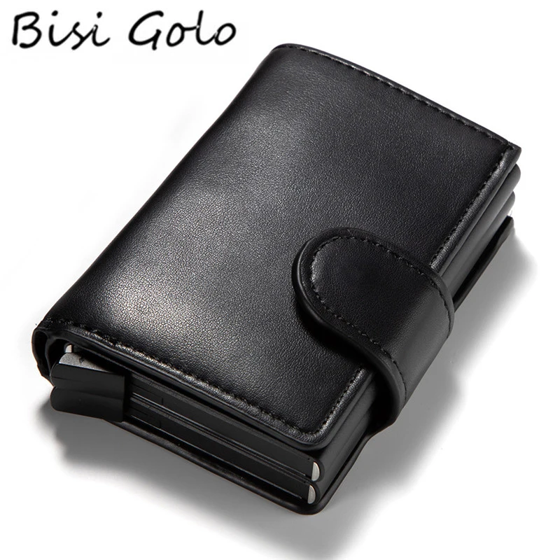 

BISI GORO ID Card Holder Aluminum Double Boxes PU Leather RFID Blocking Business Card Wallet High Quality Fashion Purses