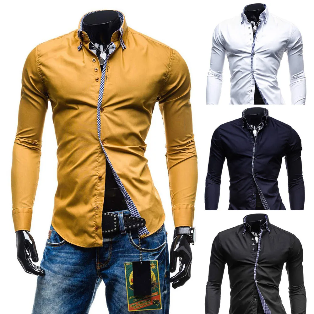 Shirt Slim Men Casual Men Shirt Summer Cotton Men's Casual Formal Slim Button-Down Long Sleeve Dress Shirt Top Blouse W412