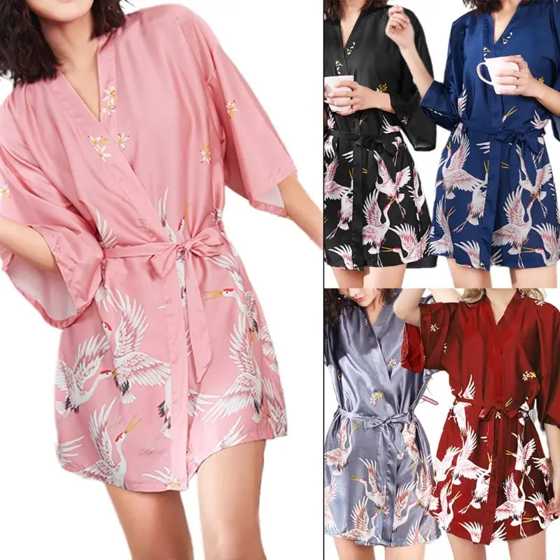

Women Imitation Silk Kimono Short Bath Robe Bride Bridesmaid Red-Crowned Crane Printing Nightgown Belted Wedding Party Sleepwear