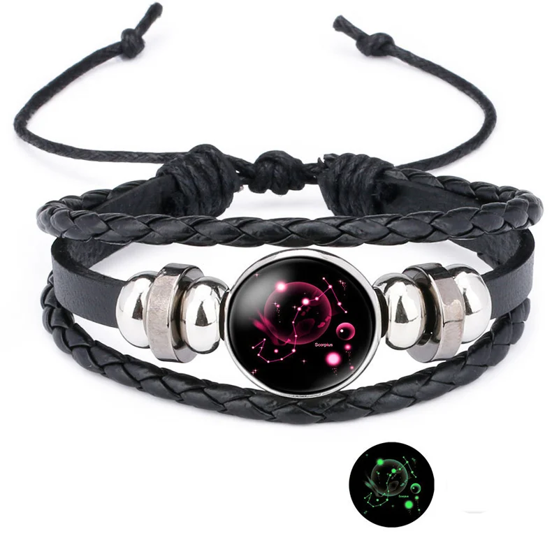 NIUYITID 12 Constellation Bracelet For Women Unisex Leather Jewelry Adjustable Luminous Universe Horoscope Male Boy Gift (3)