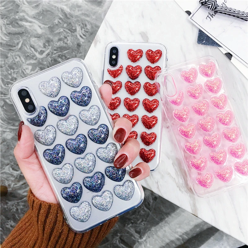 

Fashion 3d Heart Glue Tpu Silicon Case For Iphone 5 5s 5se 6 6s 7 8 Plus X Back Cover Coque Loves Sequins Soft Phone Cases capa