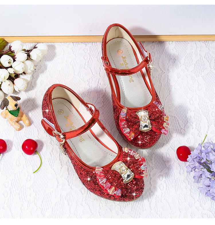 ULKNN Princess Kids Leather Shoes For Girls Flower Casual Glitter Children High Heel Girls Shoes Butterfly Knot Blue Pink Silver