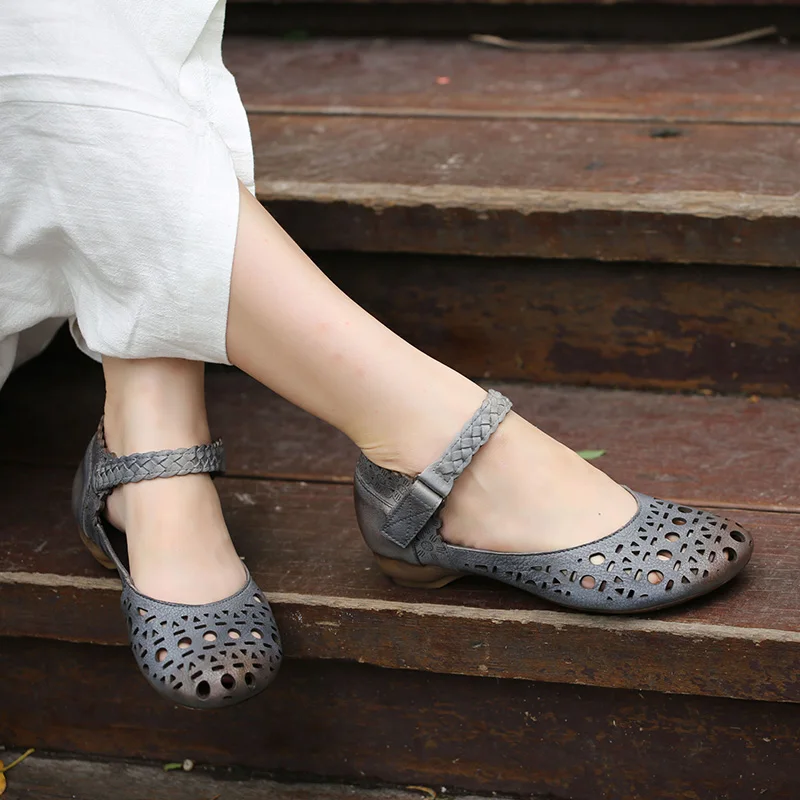 

2019 Handmade Vintage Shoes Women Flats Original Leather Hollow Out Round Toes Mary Janes Soft Comfortable Lady Flat Casual Shoe