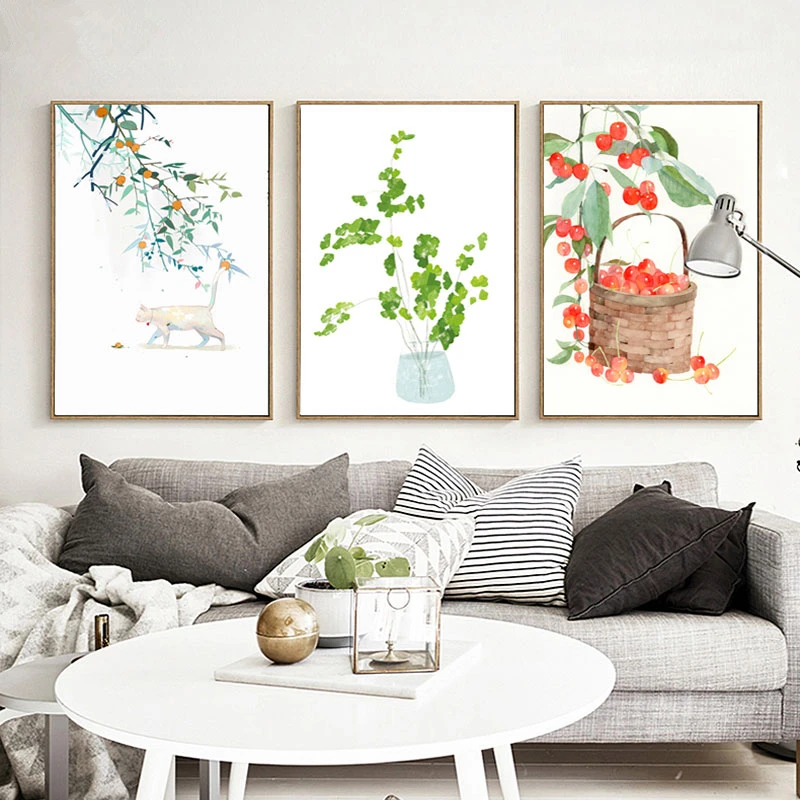 Japanese Fresh Rural Watercolor Plant Flowers Cherry Cat Canvas Painting Nordic Room Restaurant Decor Poster Animal Wall Picture | Дом и сад