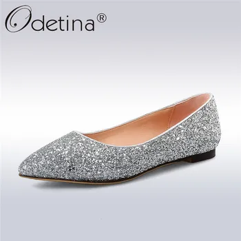 

Odetina 2018 New Fashion Women Sequined Cloth Ballet Flats Slip On Pointed Toe Casual Shoes Bling Solid Flat Shoes Big Size 43