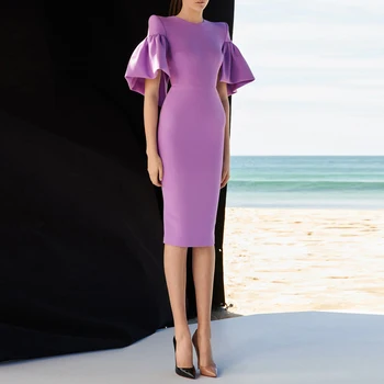 

Summer 2019 Women Runway Designer Knee Length Dress Elegant O Neck Butterfly Short Sleeve Purple Dress Vintage Female Vestidos