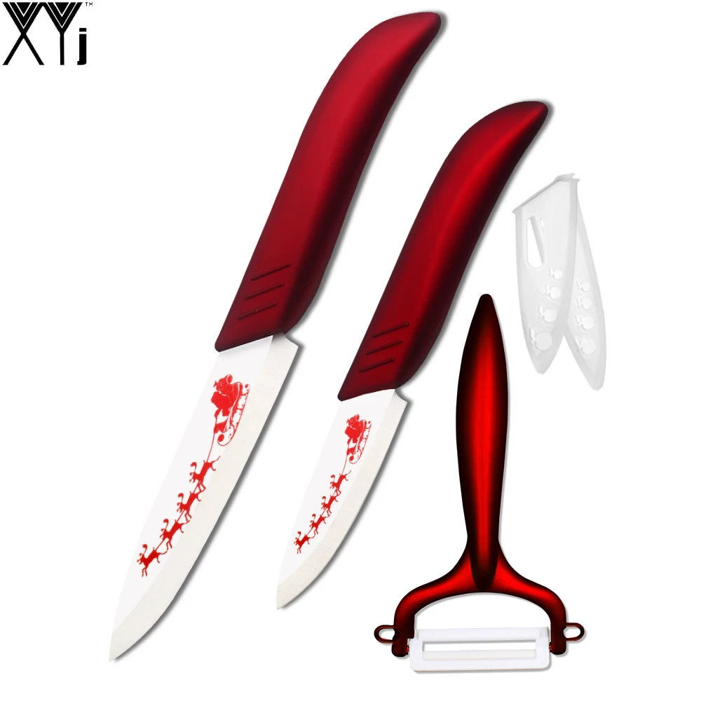 XYJ Brand Handmade Cooking Tools Christmas Gift Set 3&quot4&quot Deer Pattern Ceramic Knives Red Handle Kitchen Knife + Peeler | Дом и сад