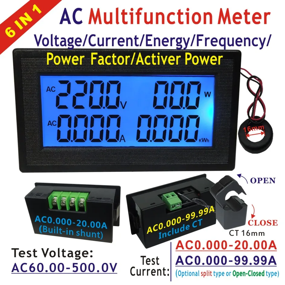 

AC 20A 100A 200A Volt Amp Panel Meter LCD Digital Voltmeter Ammeter AC Voltage Current Mete Frequency Energy AC 60-500V 220 380V
