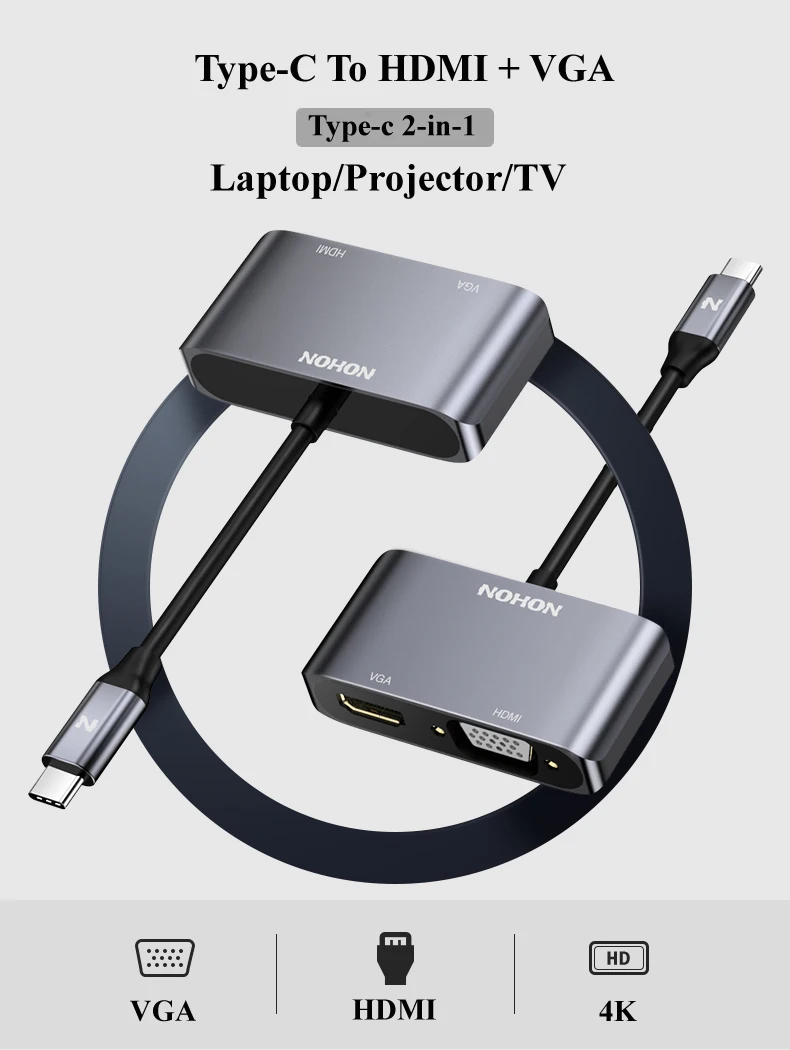 Nohon USB Type C HUB to HDMI VGA Adapter for MacBook Samsung Galaxy S9 Note 9 Huawei P20 Pro Mate 20 X Pro Laptop Type-C USB HUB Details (01)