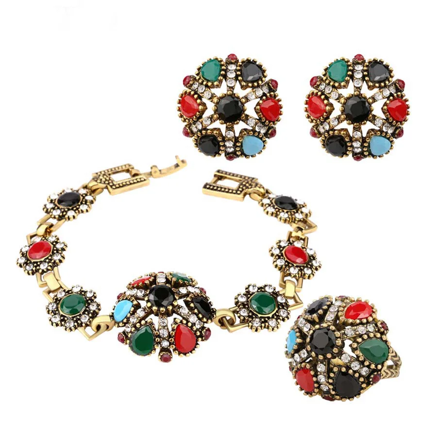 Luxury 3PCS/Set Vintage Jewelry Sets Colorful Round Flower Shape