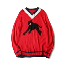 Men’s Cartoon Animal Print Sweaters Hit Color Casual Long Sleeve Autumn V Neck Pullover Sweater Winter Tops