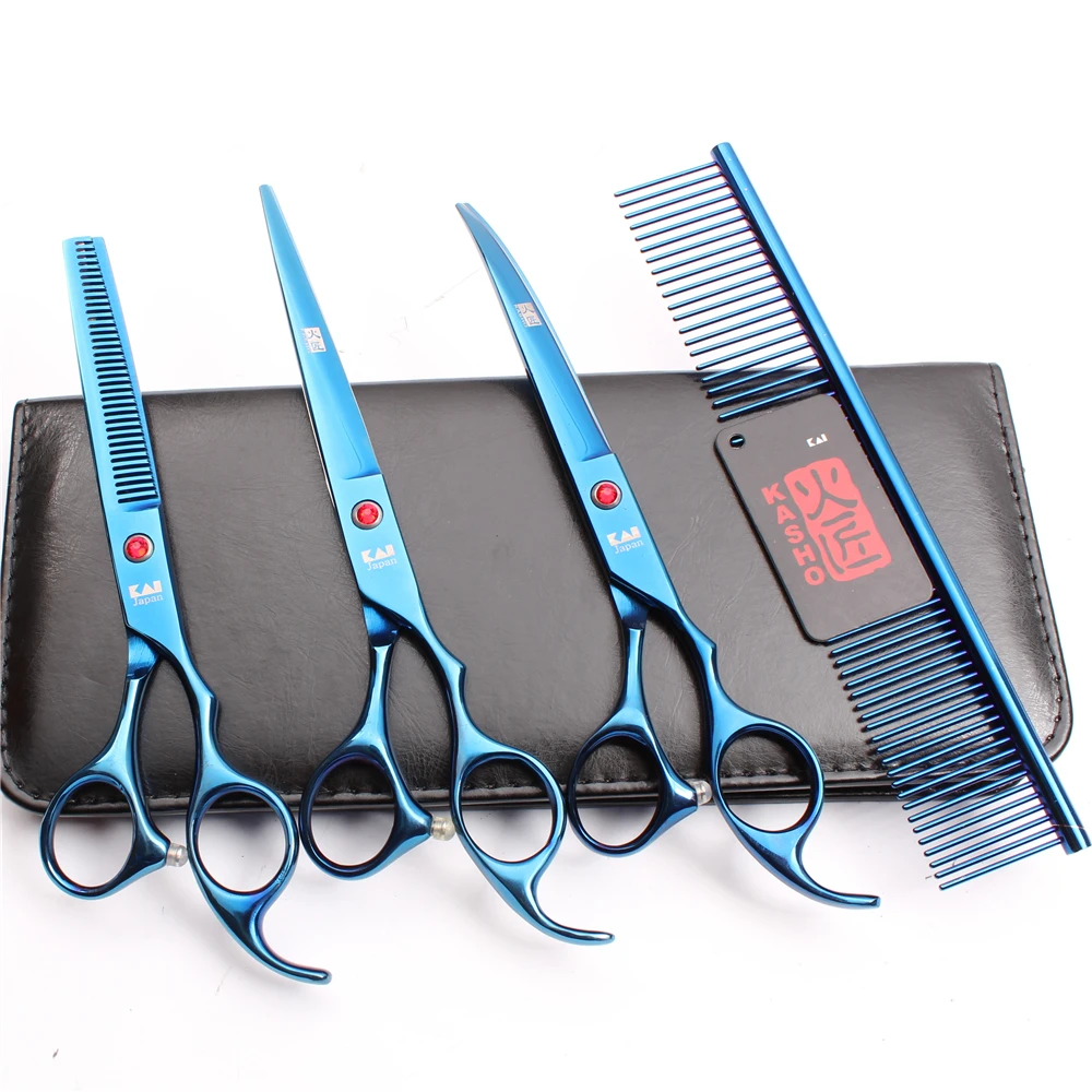 

H3003 4Pcs 7.0'' Kasho 440C Comb+Cutting+Thinning Scissors+Down Curved Shears Professional Pets Hair Scissors Cats Flur Clippers
