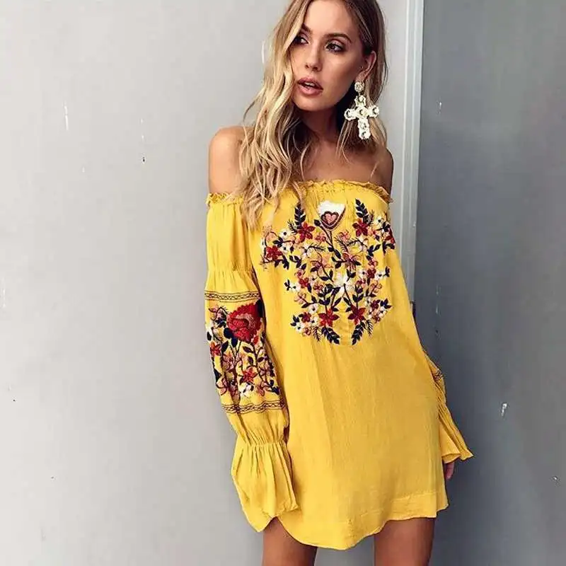 Vintage Floral Embroidery Women Dress 2017 Summer Boho Long Sleeve Sexy Slash Neck (3)