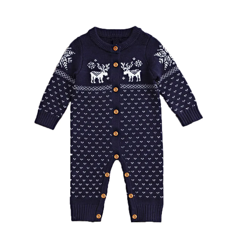 Dark Blue Вязаный хлопковый комбинезон унисекс для новорожденных мальчиков и девочек; Рождественские свитера с длинными рукавами; пальто; комбинезон с оленями для мальчиков и девочек; повседневный комбинезон - Цвет: Dark Blue