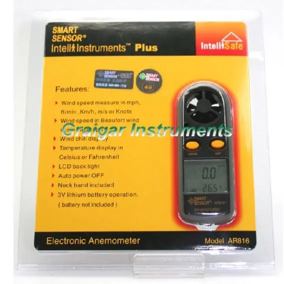 Smartsensor AR816 карманный мини Анемометр Портативный цифровой анемометр измерителем влажности и температуры