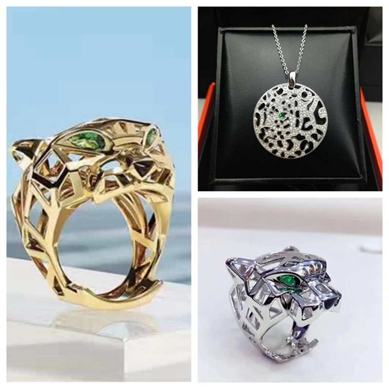 

Luxury Leopard Head Hollow Finger Ring Round Enamel Collar Necklace Jewelry Set Hollow Animal Tiger Head Green Eyes Women Set