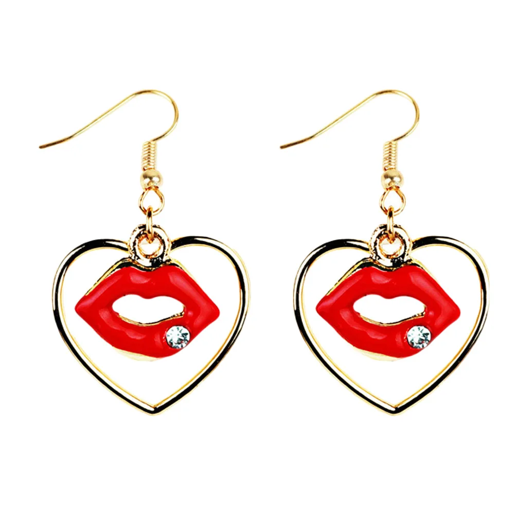 Elegant Red Lip Dangle Earrings Sweet Gold Color Heart Crystal Mosaic Earing Fashion Jewelry Big