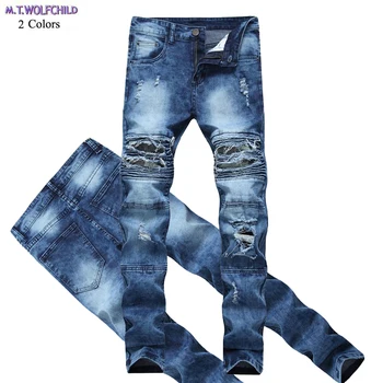 

Good quality 2018 Mens Denim Pants distressed Hole Jeans straight Long Trousers blue jeans casual fashion Elasticity mens jeans