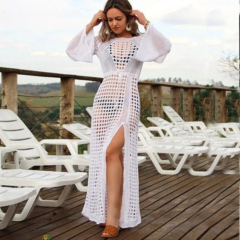 

Sexy Hollow knitting Beach dress Long sleeve Cover Up swim Long skirt Beach Cover Swimsuit Beachwear Robe Long skirt Woman