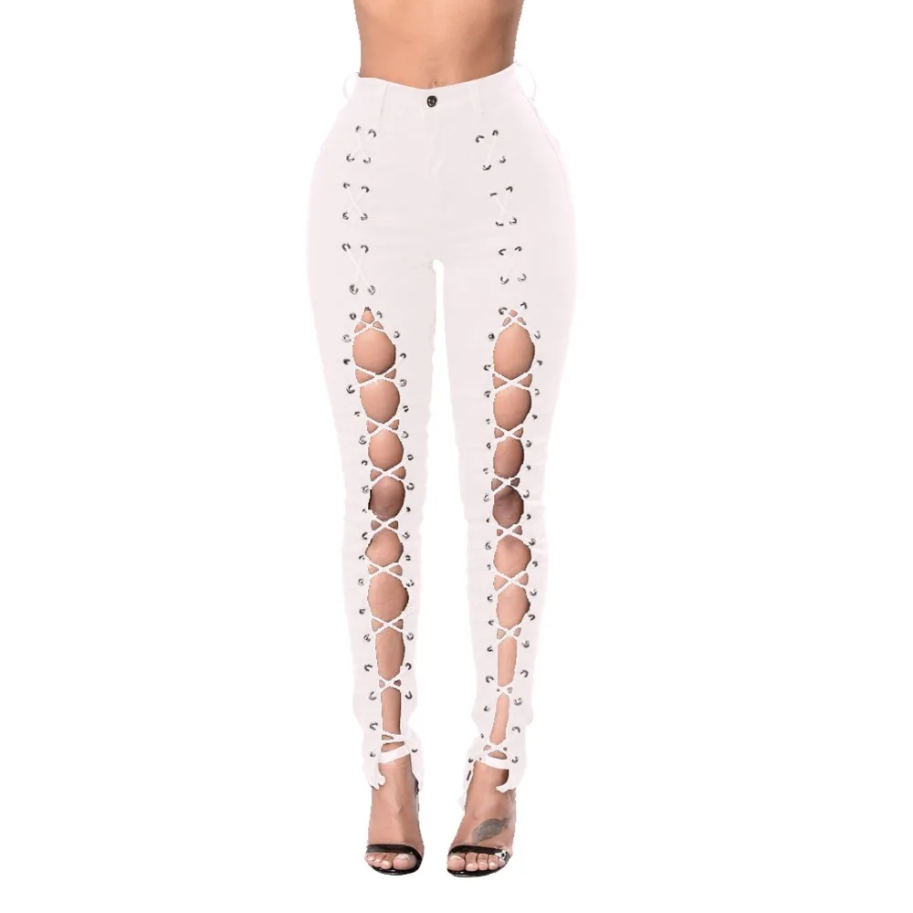 

KJ26 Spring Women Bandage Denim Pencil Jeans Mid Waist Cross Strap Pencil Pants Female High Elastic Trousers