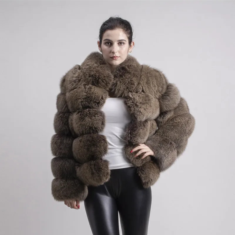 Женская зимняя шуба из натурального Лисьего меха с воротником стойкой|real fox fur