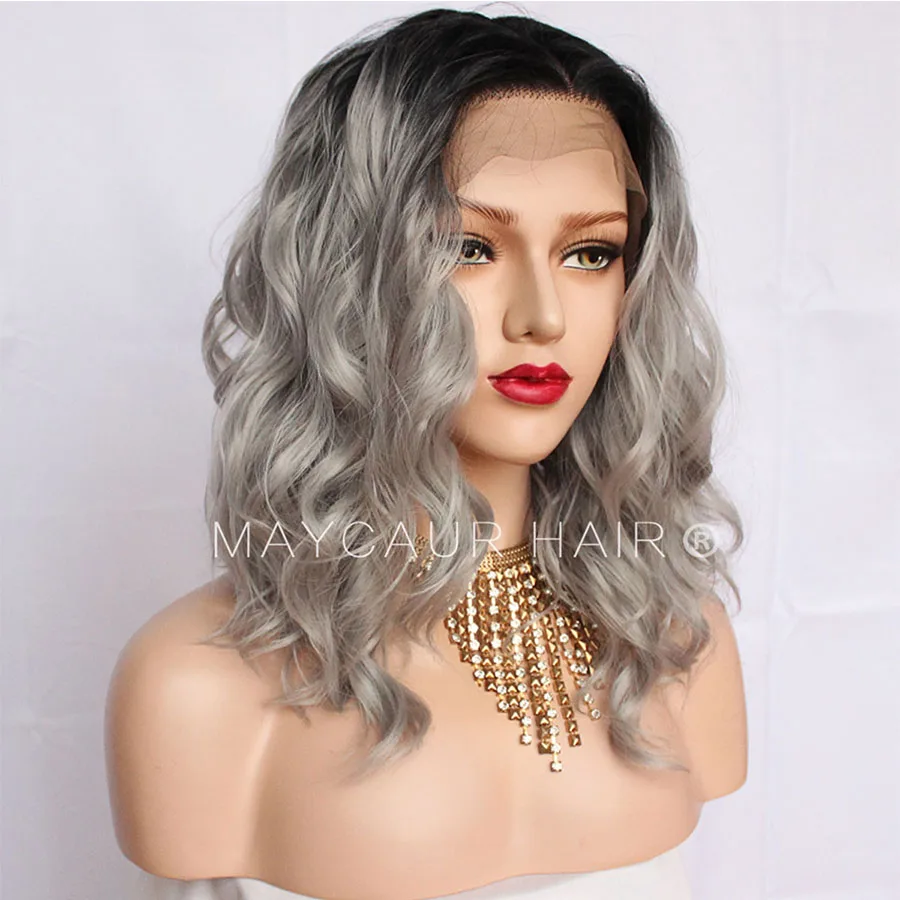 Maycaur Hair Lace Front Synthetic Wigs Short Curly Heat Resistant Hair Black Gray Wig with Baby Hair for Women ( B (7)