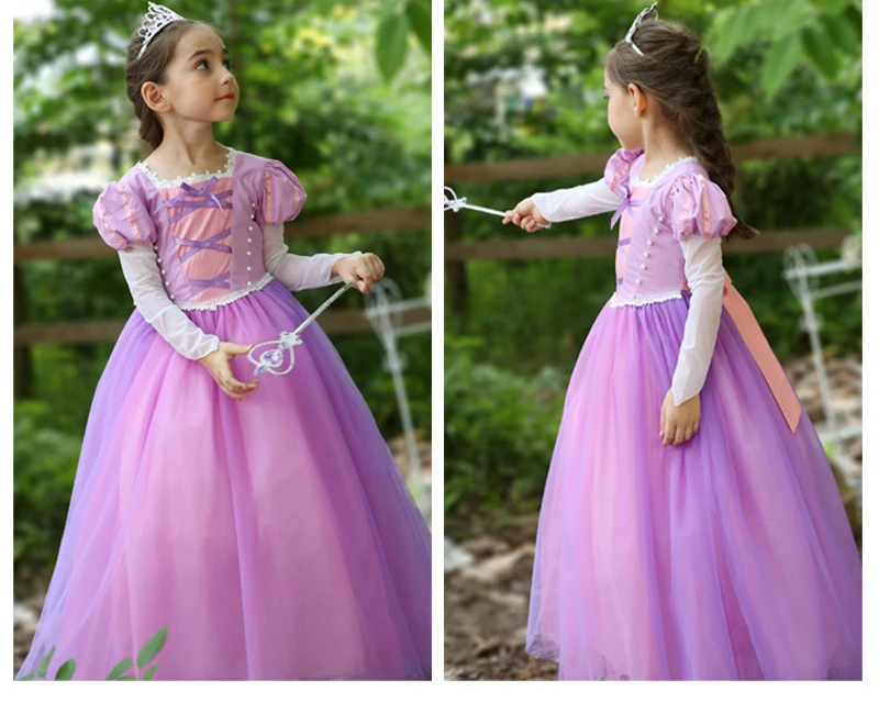 Фантазия Принцесса Рапунцель платье запутанный Хэллоуин карнавальные костюмы для девочек с длинным рукавом детское вечернее платье