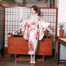 Короткое белое кимоно купальный Халат Косплей Костюм искусственный шелк с цветочным принтом вечерние платья в японском стиле юката с Obi