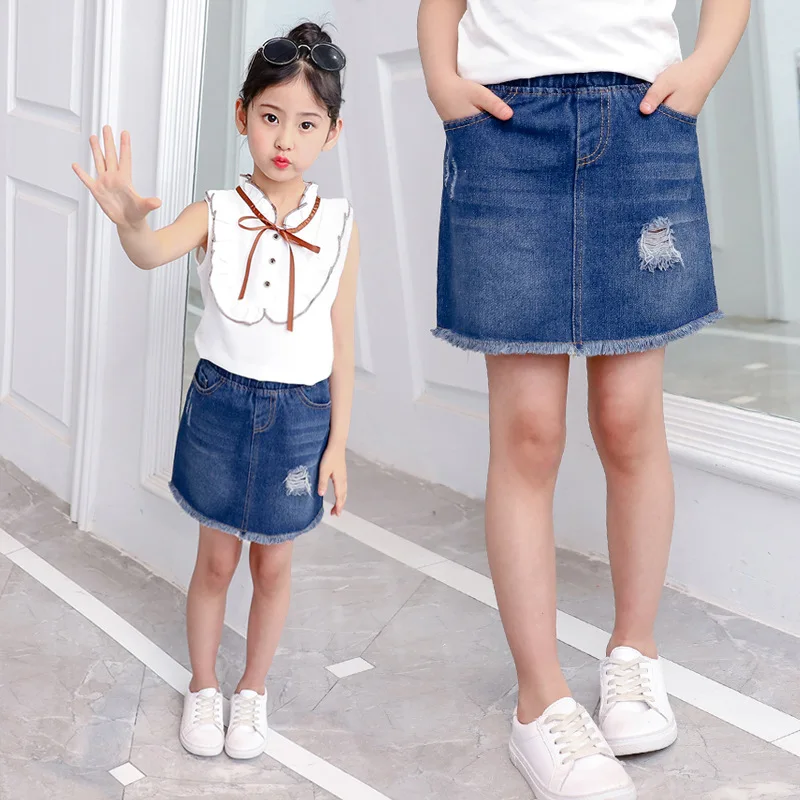 Лето 2018, детская джинсовая юбка для девочек, повседневная одежда, детская джинсовая юбка с дырками для девочек