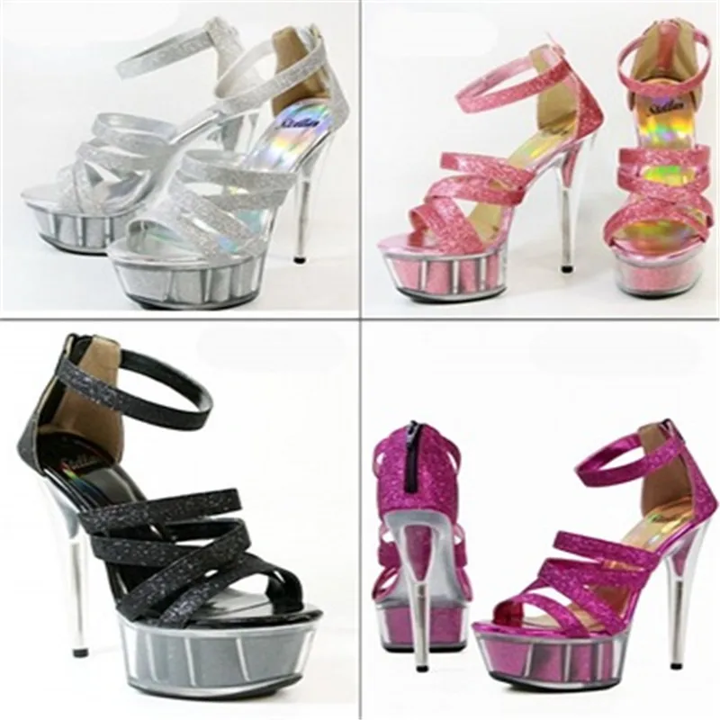 New style, beautiful transparent platform sequins upper heels, 15cm sexy model sandals, pole dancing shoes