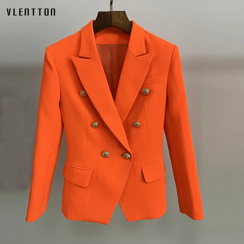 High quality Newest 2019 Designer Jacket Blazer Women's Solid Lion Buttons Double Breasted Office Lady Blazers Coat Neon Orange