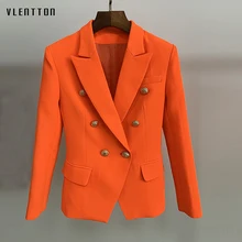 High quality Newest 2019 Designer Jacket Blazer Women's Solid Lion Buttons Double Breasted Office Lady Blazers Coat Neon Orange