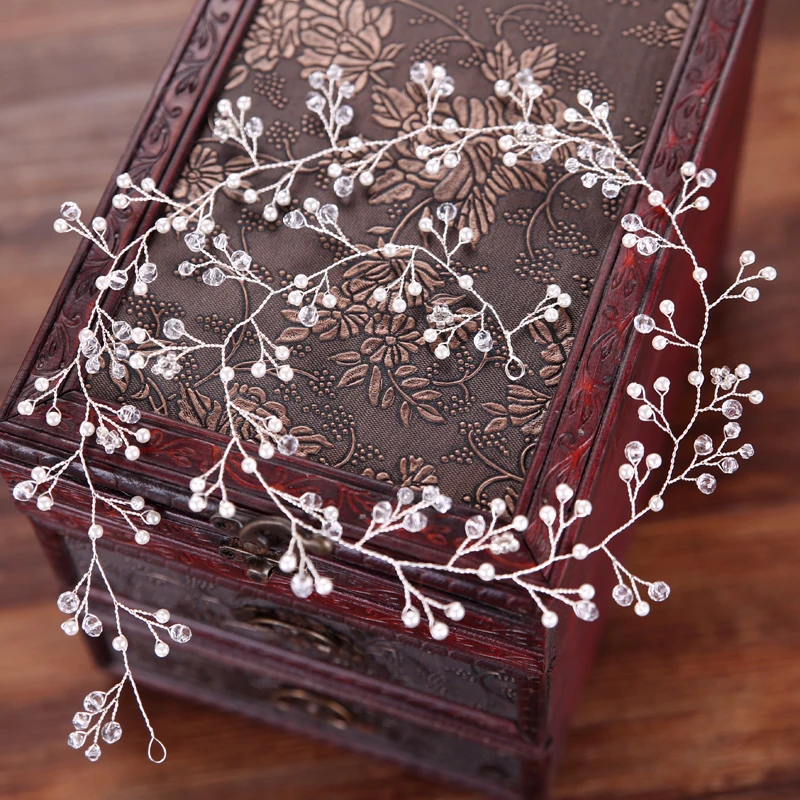 

70cm Handmade Silver Pearl Crystal Wedding Headband Headpiece For Bridal Wedding Hair Jewelry Women Hair Accessories FD137