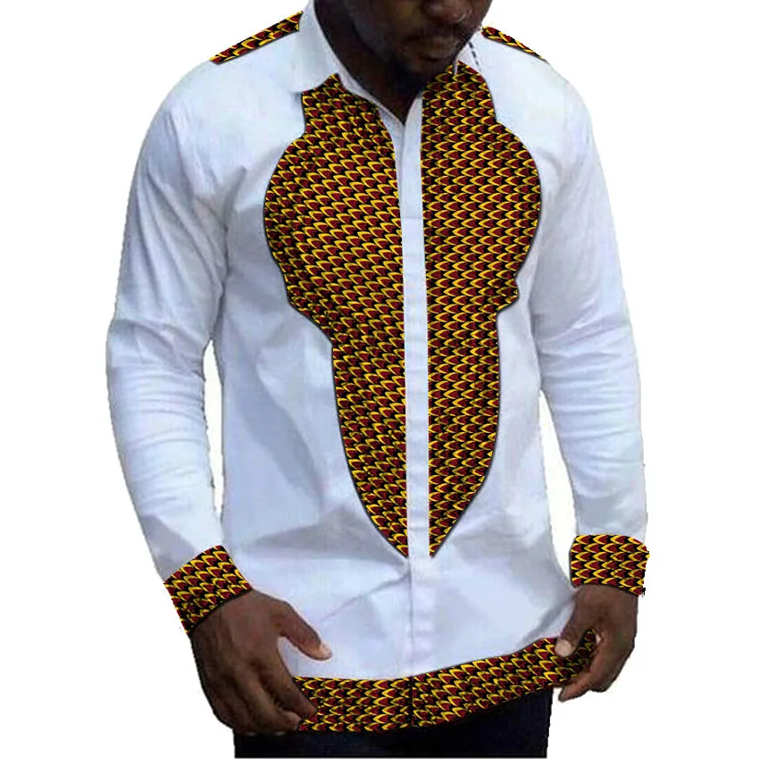 

African Men's Patchwork Shirt Turn Down Collar Dashiki Clothes Fashion White With Print Mix Male Long Sleeve Ankara Tops