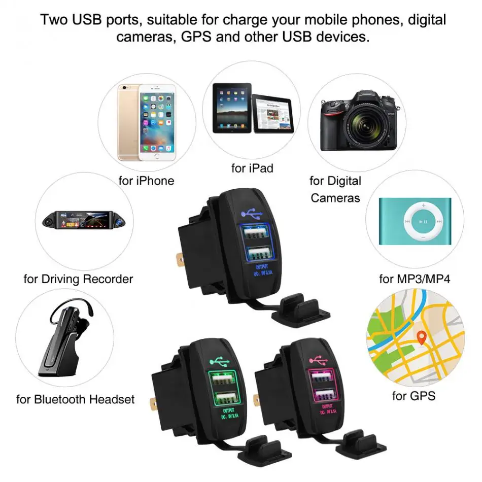 Многоцветный автомобильный двойной USB адаптер питания водонепроницаемый 12 24 в 3 1