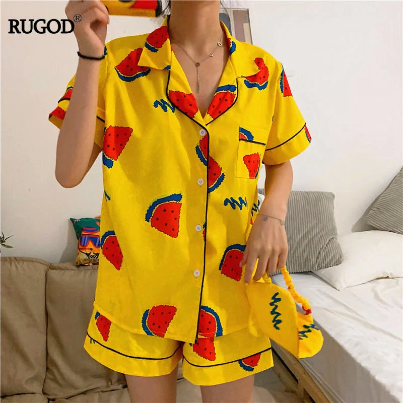 

RUGOD 2019 Summer Short sleeve Pajama Set kawaii cartoon Print sleepwear for Women Pajamas short pant 2 Pieces Set Nightwear
