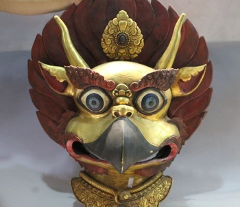

20" Tibet Buddhism Temple Bronze 24K Gold Bird Garuda Buddha Head Mask Statue