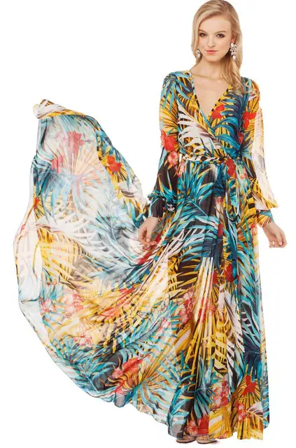 Fl Maxi Chiffon Dress Women Long Sleeve V Neck Bohemian Fl Maxi Chiffon Dress Women Long Sleeve V Neck Bohemian Tropical Flower Dresses Beach