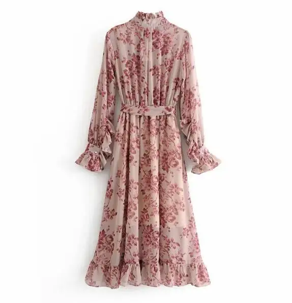 Pink Flower print Long Sleeve Dress With Sashes Dresses Women's Women's Clothing