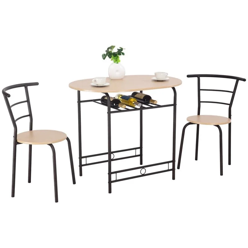 

3 Pcs Dining Set Table and 2 Chairs Pub Dining Furniture High Quality Black Natural Armless Chairs Table Set Wine Rack HW57334