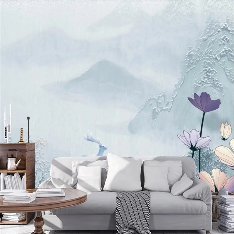 

Custom wallpaper new Chinese style simple and elegant elk embossed background wall decoration waterproof material