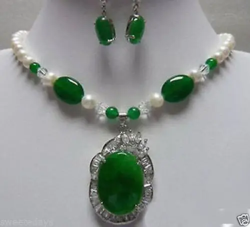

Emerald Jade White Pearl Crystal Clasp Pendant Necklace & Earrings ^^^^18K GP style Fine jewe Noble Natural jade