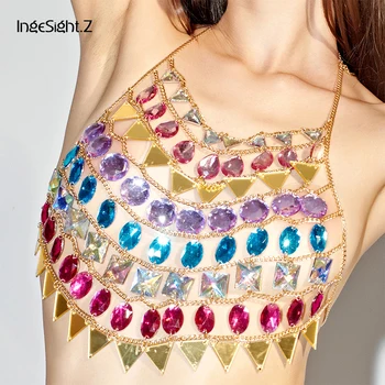 

IngeSight.Z Mirror Acrylic Apron Bra Sexy Body Jewelry Women Chain Necklace Bodysuit Crop Tops Costume Wear Party Beach Jewelry