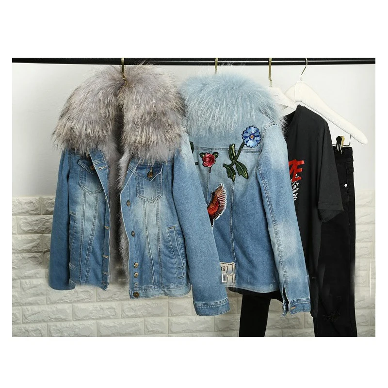 

Women Denim Embroidery Jeans Jackets Winter Thicken Real Natural Fox Fur Lined Coat Real Fox Fur Female Jacket Overcoat