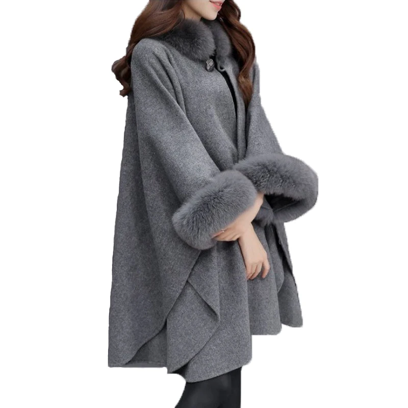 

Autumn Winter Basic Coats Wool Blend Coat Women Elegant Casual Clothes Casaco Feminino Loose Fur Collar Long Ponchos Tweed Capes