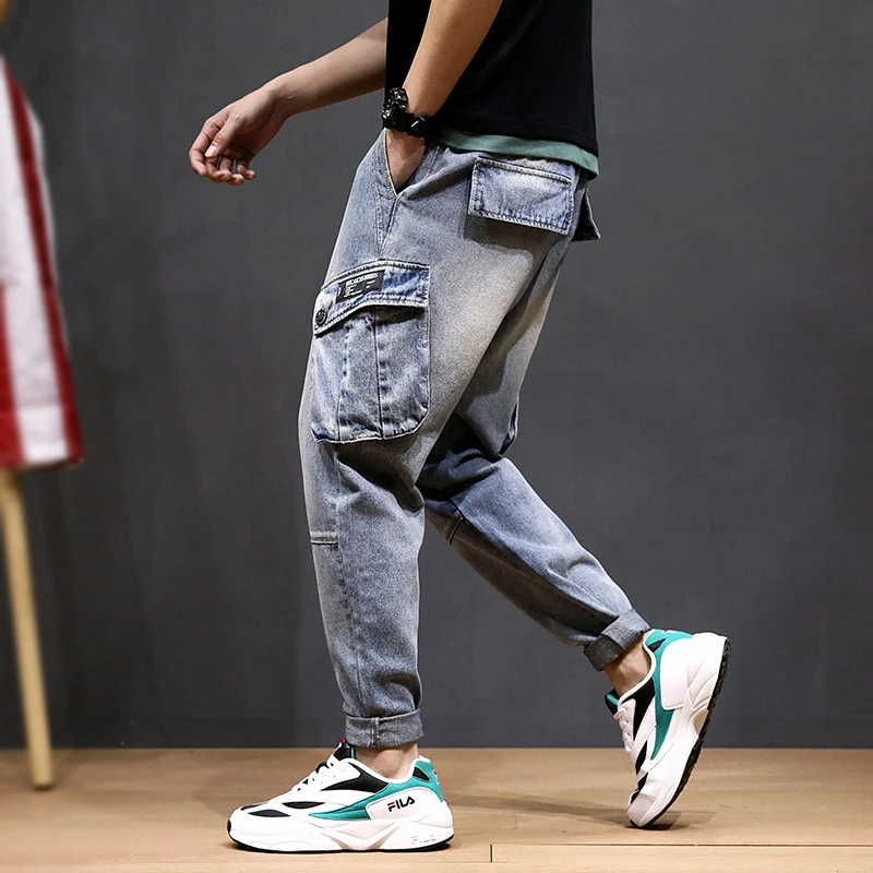 

Fashion Streetwear Men Jeans Loose Fit Big Pocket Denim Cargo Pants Small Leg Harem Jeans Spliced Designer Hip Hop Jeans Men