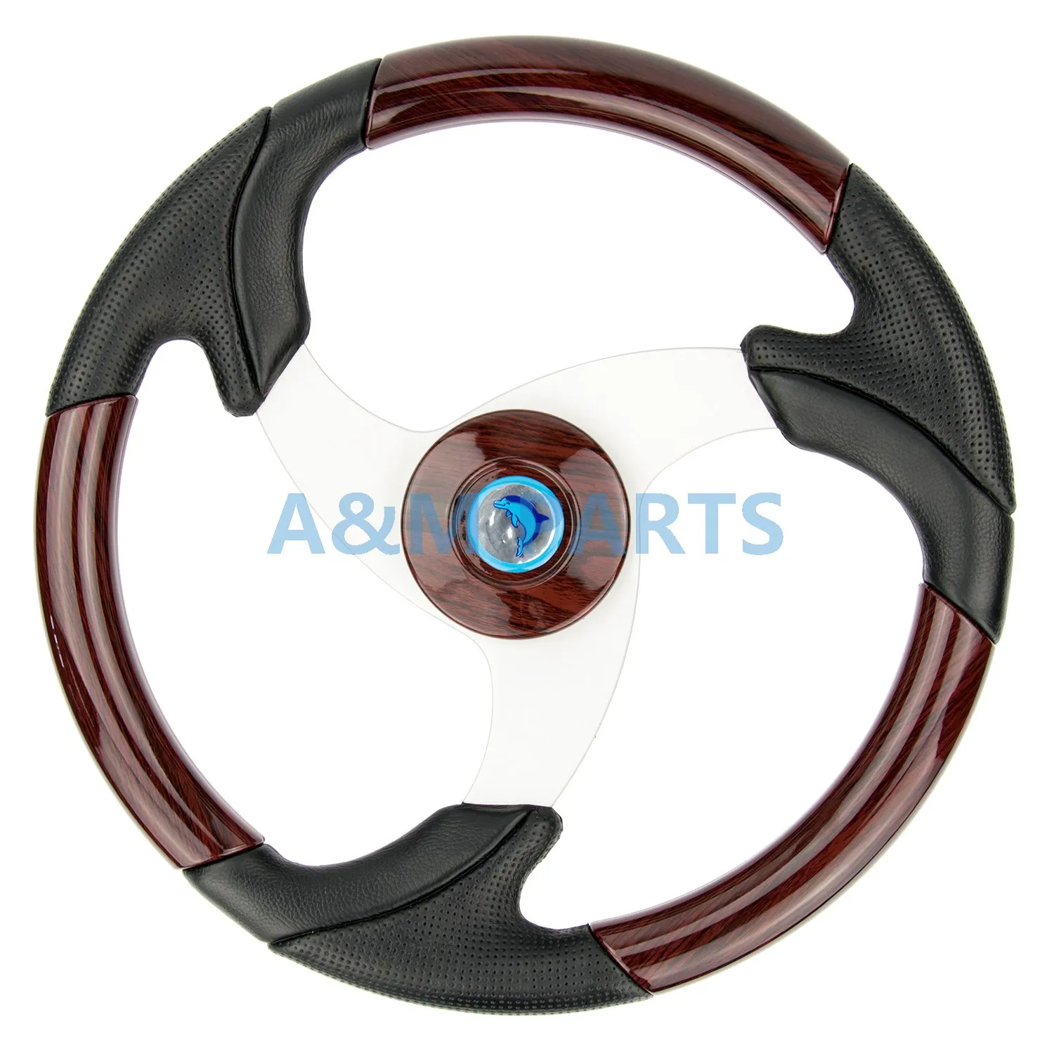 Boat Classic Steering Wheel Wood Grain Wheel Aluminum Spoke W/ Leather