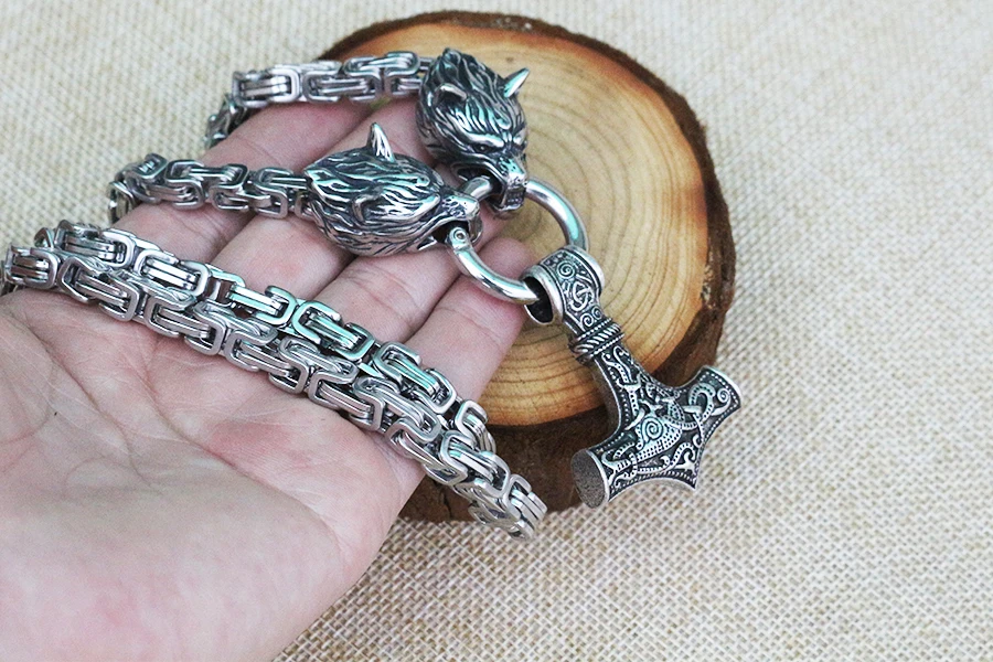 Men stainless steel necklace viking wolf head with thor's hammer mjolnir pendant norse talisman ethnic jewelry